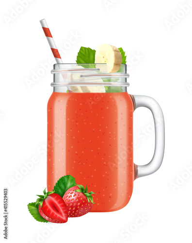 Set of isolated realistic jar images with smoothie cocktails fruit slices and straws on blank background vector illustration