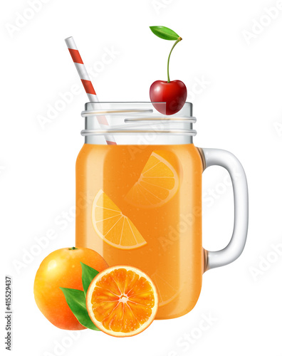 Set of isolated realistic jar images with smoothie cocktails fruit slices and straws on blank background vector illustration
