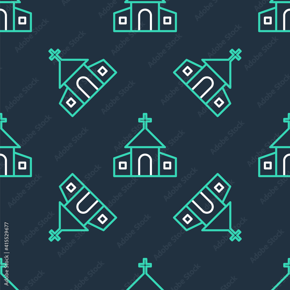 Line Church building icon isolated seamless pattern on black background. Christian Church. Religion of church. Vector.
