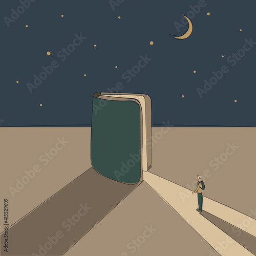 Concept: book is source of knowledge.Half-open book from which ray of light fall in which tiny man stand ready to immerse himself in reading.On background of a starry sky with month.Hand drawn raster