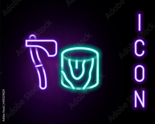 Glowing neon line Wooden axe in stump icon isolated on black background. Lumberjack axe. Axe stuck in wood. Chopping wood. Colorful outline concept. Vector.