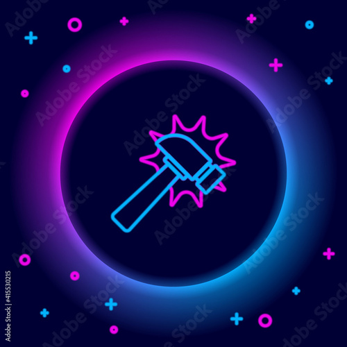 Fototapeta Naklejka Na Ścianę i Meble -  Glowing neon line Hammer icon isolated on black background. Tool for repair. Colorful outline concept. Vector.