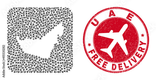 Vector collage United Arab Emirates map of air force items and grunge Free Delivery seal.