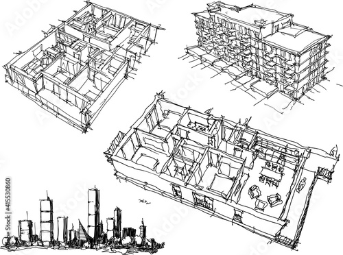 four hand drawn architectural sketches of a modern city with high buildings and people in the streets