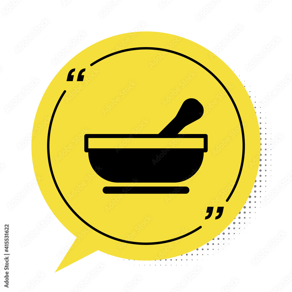 Black Mortar and pestle icon isolated on white background. Yellow speech bubble symbol. Vector. Black Mortar and pestle icon isolated on white background. Yellow speech bubble symbol. Vector.