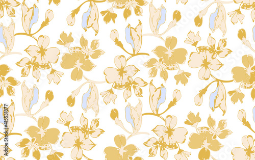 Golden plum blossoms. Seamless vector pattern.