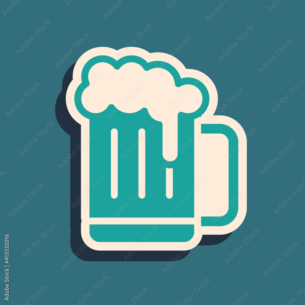 Green Wooden beer mug icon isolated on green background. Long shadow style. Vector. Green Wooden beer mug icon isolated on green background. Long shadow style. Vector.