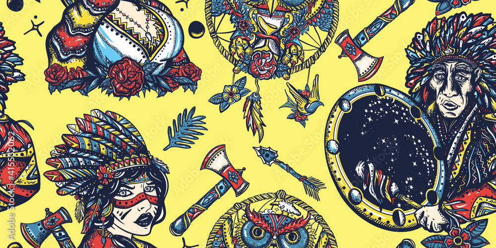 Dream catcher, owl and old cherokee shaman. Native American Indian seamless pattern. Old school tattoo style. Tribal culture and history. Ethnic warrior girl, shamanic female Dream catcher, owl and old cherokee shaman. Native American Indian seamless pattern. Old school tattoo style. Tribal culture and history. Ethnic warrior girl, shamanic female