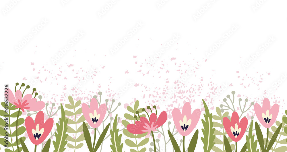 Cute horizontal seamless patterns with hand drawn flowers. Beautiful background great for greeting cards, banner, textiles, wallpapers. Vector illustration. Cute horizontal seamless patterns with hand drawn flowers. Beautiful background great for greeting cards, banner, textiles, wallpapers. Vector illustration.