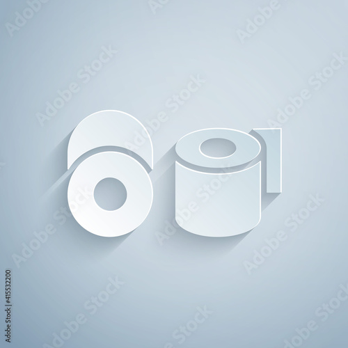 Paper cut Toilet paper roll icon isolated on grey background. Paper art style. Vector.
