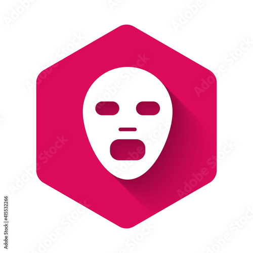 White Facial cosmetic mask icon isolated with long shadow background. Cosmetology, medicine and health care. Pink hexagon button. Vector.