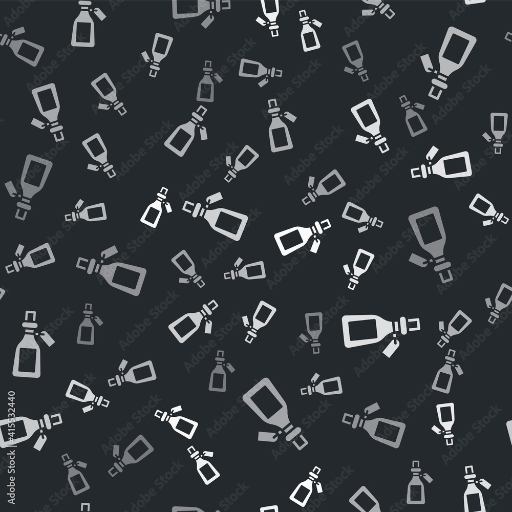 Grey Essential oil bottle icon isolated seamless pattern on black background. Organic aromatherapy essence. Skin care serum glass drop package. Vector. Grey Essential oil bottle icon isolated seamless pattern on black background. Organic aromatherapy essence. Skin care serum glass drop package. Vector.