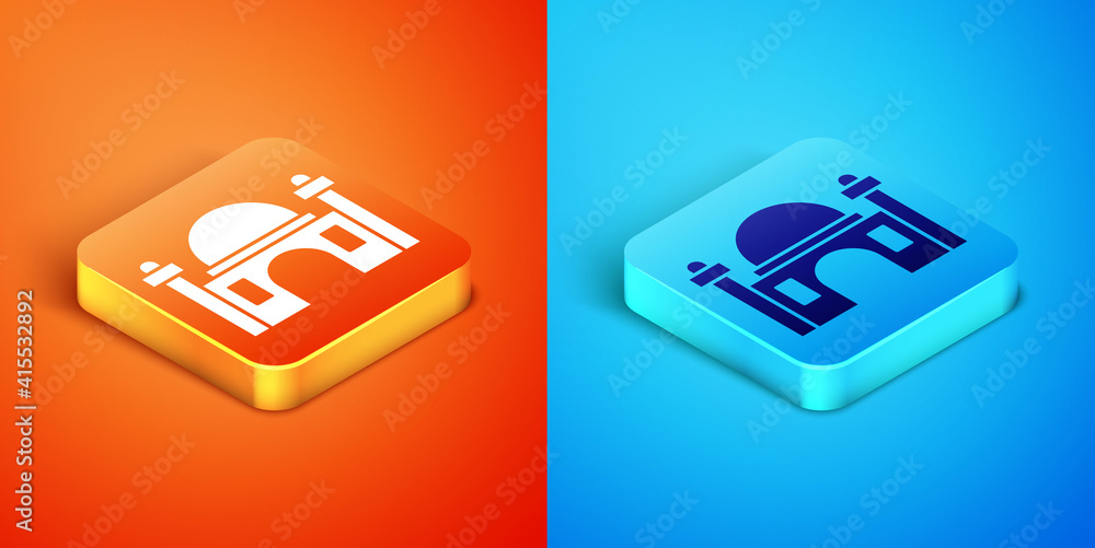 Isometric Muslim Mosque icon isolated on orange and blue background. Vector. Isometric Muslim Mosque icon isolated on orange and blue background. Vector.