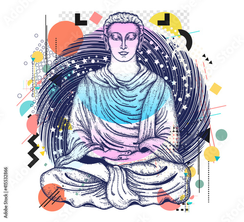 Buddha. Symbol of harmony, spirituality, yoga, meditation, soul. Zine culture concept. Hand drawn vector glitch tattoo, contemporary  cyberpunk collage. Vaporwave art. Surreal pop culture style