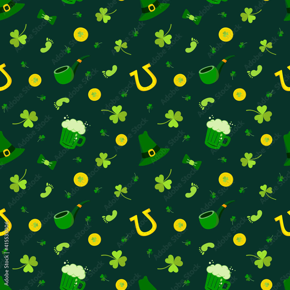 Seamless vector pattern for St. Patrick's Day with clover, gold coins, beer mug and green hat on a colored background, for cards, gifts, packaging, holiday Seamless vector pattern for St. Patrick's Day with clover, gold coins, beer mug and green hat on a colored background, for cards, gifts, packaging, holiday