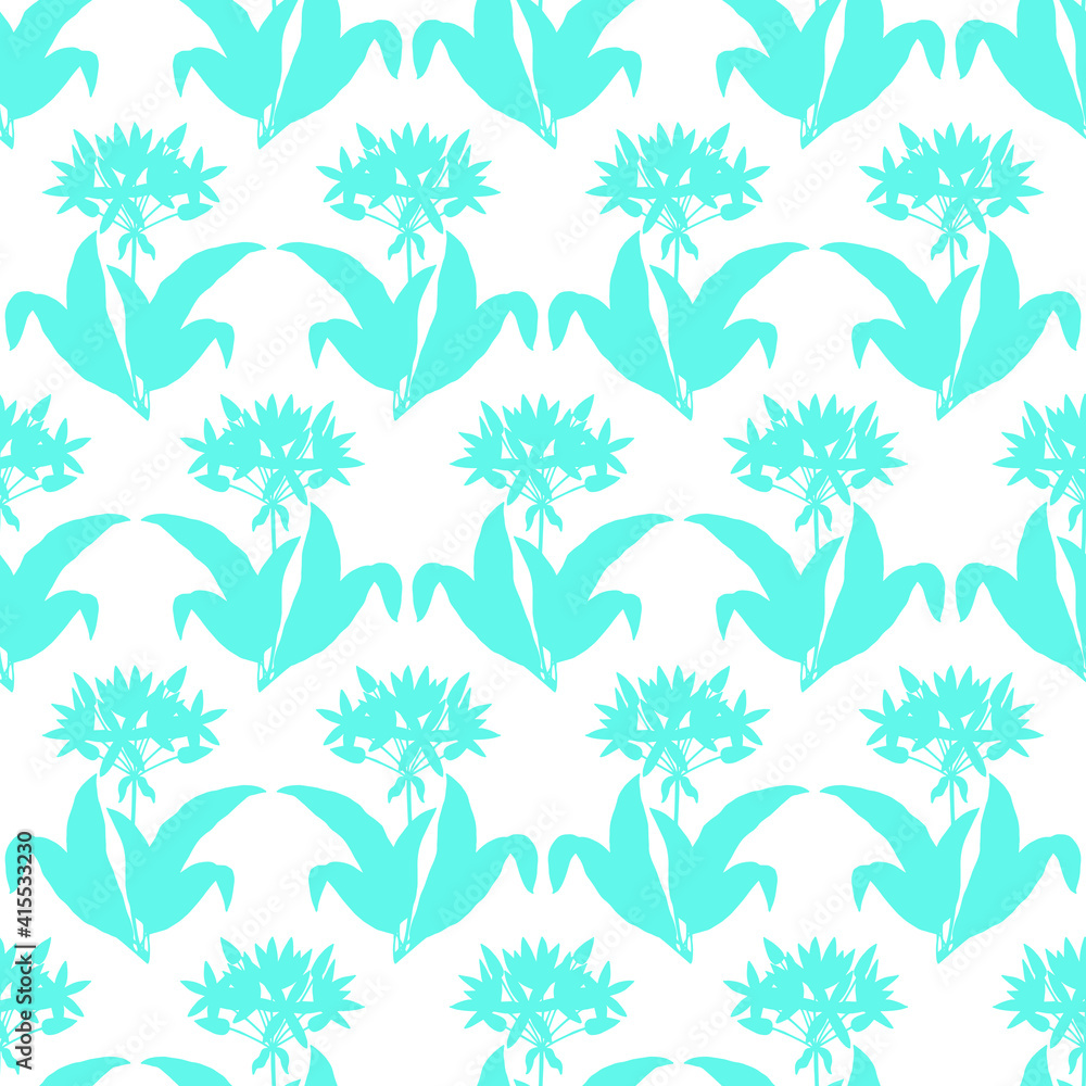 Seamless pattern of flowers and leaves of ramsons, bear onions. Vector stock illustration eps10. 