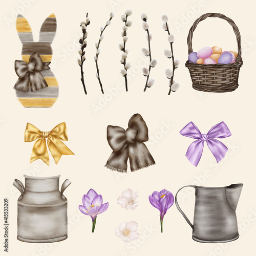 Eater collections with basket, easter rabbit and pussy willow