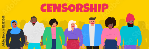 group of multicultural censored people men and women with wrapping mouth tape censorship concept vector illustration