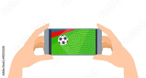 human hands holding smartphone online internet stream football soccer ball in net goal vector illustration 