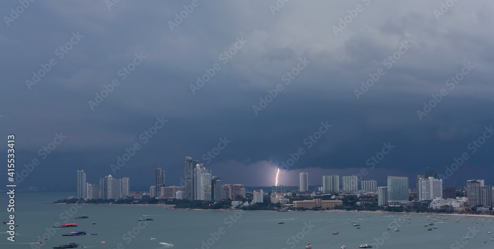 Thunderstorm with lightning over the Pattaya, Thailand.