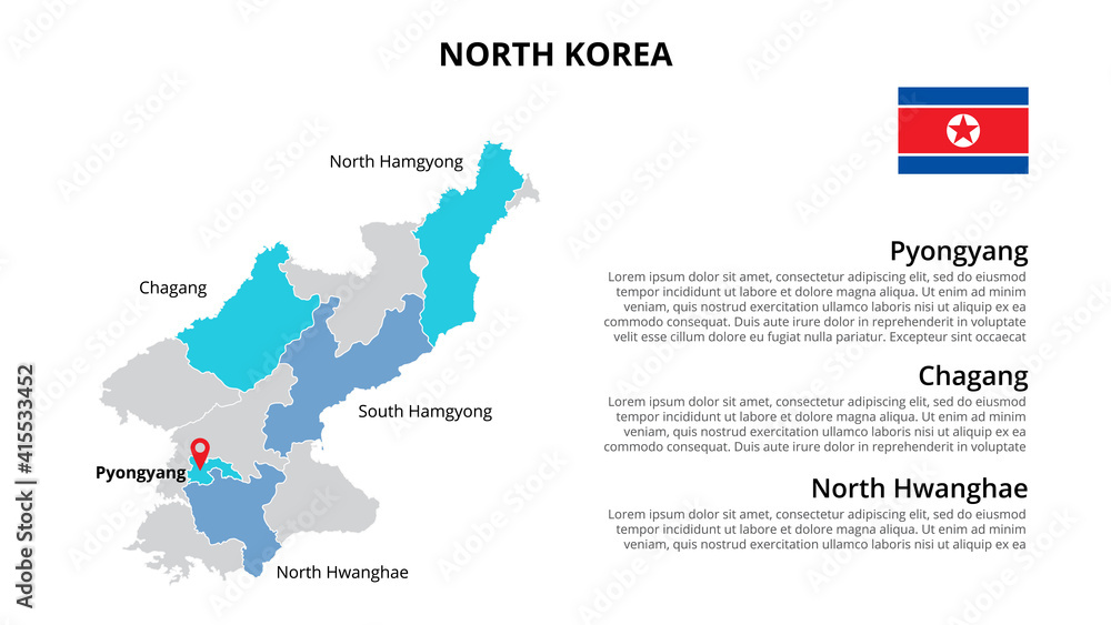 North Korea vector map infographic template divided by states, regions or provinces. Slide presentation