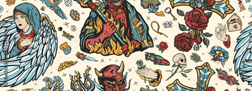 Angel and demon seamless pattern. Paradise and Hell art. Terrible satan with pitchforks and holy nun. Old school tattoo style. Good and evil. Cross with roses, hands prayer, dove. Sin and holiness