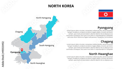 North Korea vector map infographic template divided by states, regions or provinces. Slide presentation