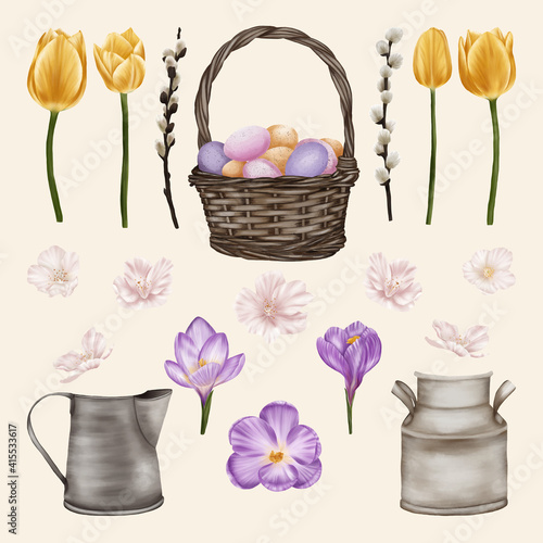 Beautiful spring flowers with pussy willow and basket with eggs