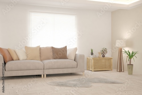 Brown living room with sofa. Scandinavian interior design. 3D illustration © AntonSh