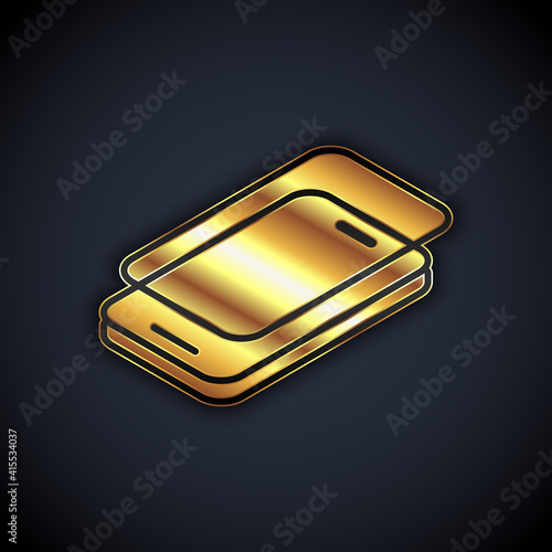 Gold Glass screen protector for smartphone icon isolated on black background. Protective film for glass. Transparent soft glass for mobile phone. Vector.