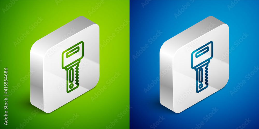 Isometric line Car key with remote icon isolated on green and blue background. Car key and alarm system. Silver square button. Vector. Isometric line Car key with remote icon isolated on green and blue background. Car key and alarm system. Silver square button. Vector.