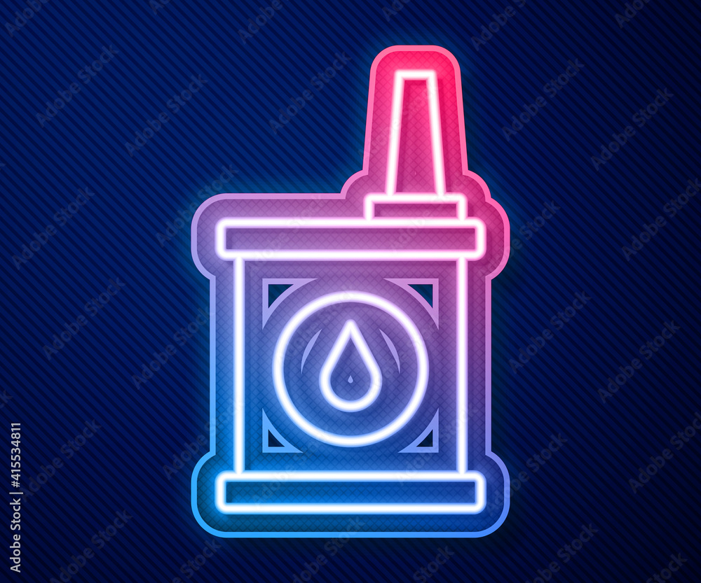 Glowing neon line Canister for motor machine oil icon isolated on blue background. Oil gallon. Oil change service and repair. Vector. Glowing neon line Canister for motor machine oil icon isolated on blue background. Oil gallon. Oil change service and repair. Vector.