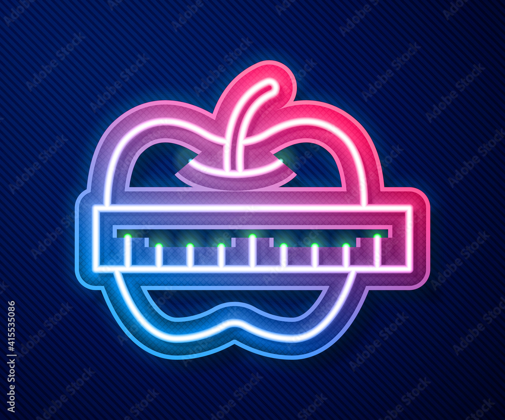 Glowing neon line Apple and measuring tape icon isolated on blue background. Excess weight. Healthy diet menu. Fitness diet apple. Vector. Glowing neon line Apple and measuring tape icon isolated on blue background. Excess weight. Healthy diet menu. Fitness diet apple. Vector.
