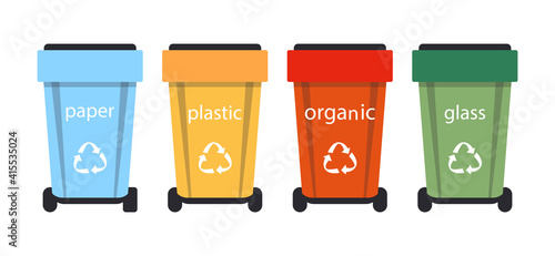 Waste sorting vector illustration with different colorful garbage bins isolated on white background