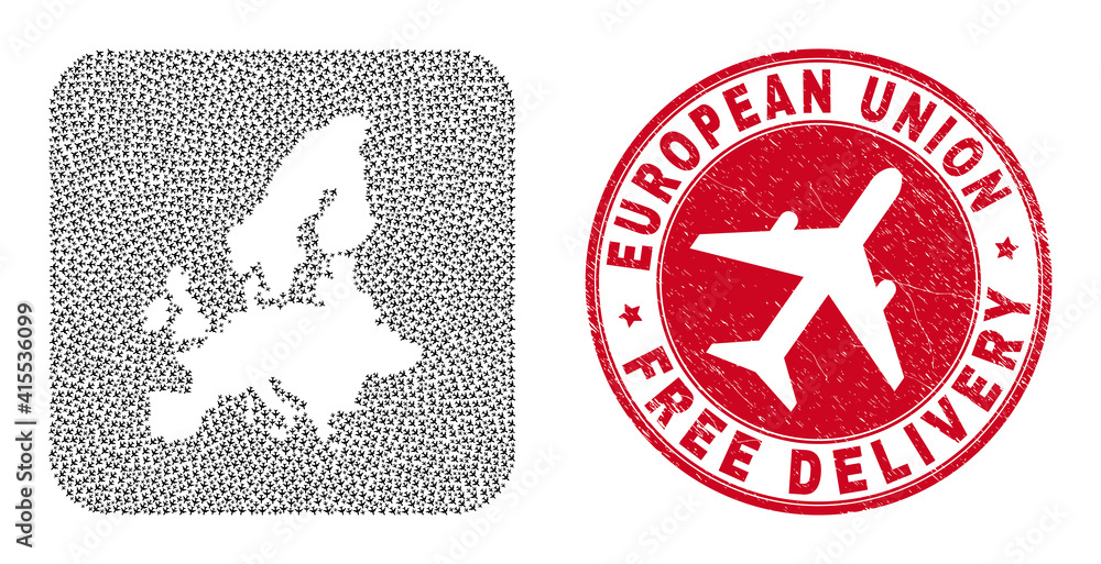 Vector collage European Union map of aeroplane elements and grunge Free Delivery badge. Vector collage European Union map of aeroplane elements and grunge Free Delivery badge.