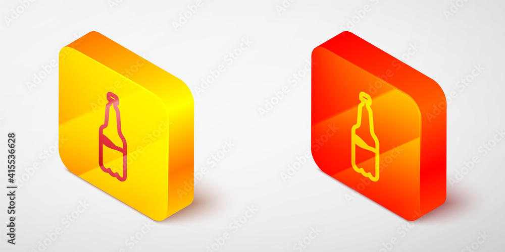 Isometric line Plastic beer bottle icon isolated on grey background. Yellow and orange square button. Vector. Isometric line Plastic beer bottle icon isolated on grey background. Yellow and orange square button. Vector.
