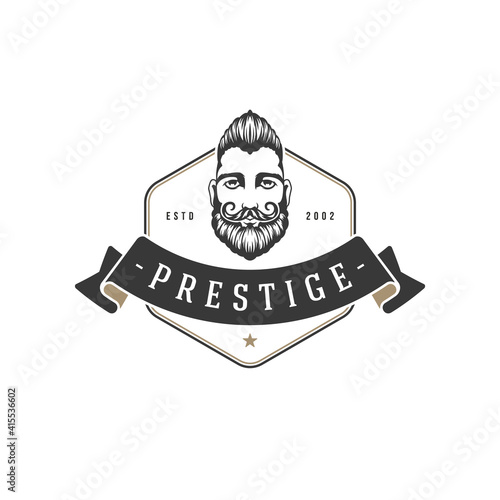 Bearded male full face vintage vector logo. Prestige barbershop label with hipster head stylish beard and mustache.