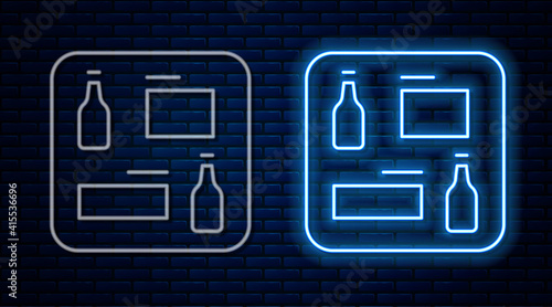 Glowing neon line Beer menu icon isolated on brick wall background. Beer restaurant brochure. Vector.