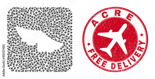 Vector collage Acre State map of airplane elements and grunge Free Delivery badge. Collage geographic Acre State map constructed as hole from rounded square using flying out airplanes.