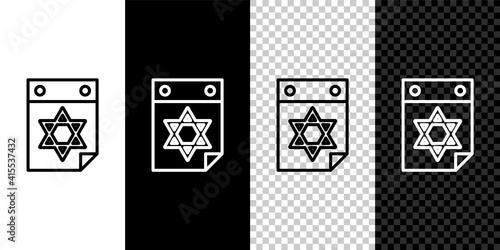 Set line Jewish calendar with star of david icon isolated on black and white,transparent background. Hanukkah calendar day. Vector.