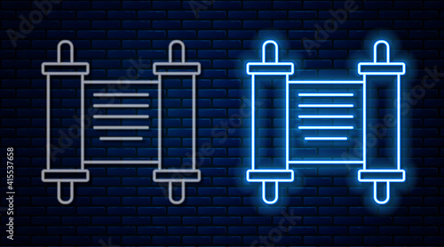 Glowing neon line Decree, paper, parchment, scroll icon icon isolated on brick wall background. Chinese scroll. Vector.