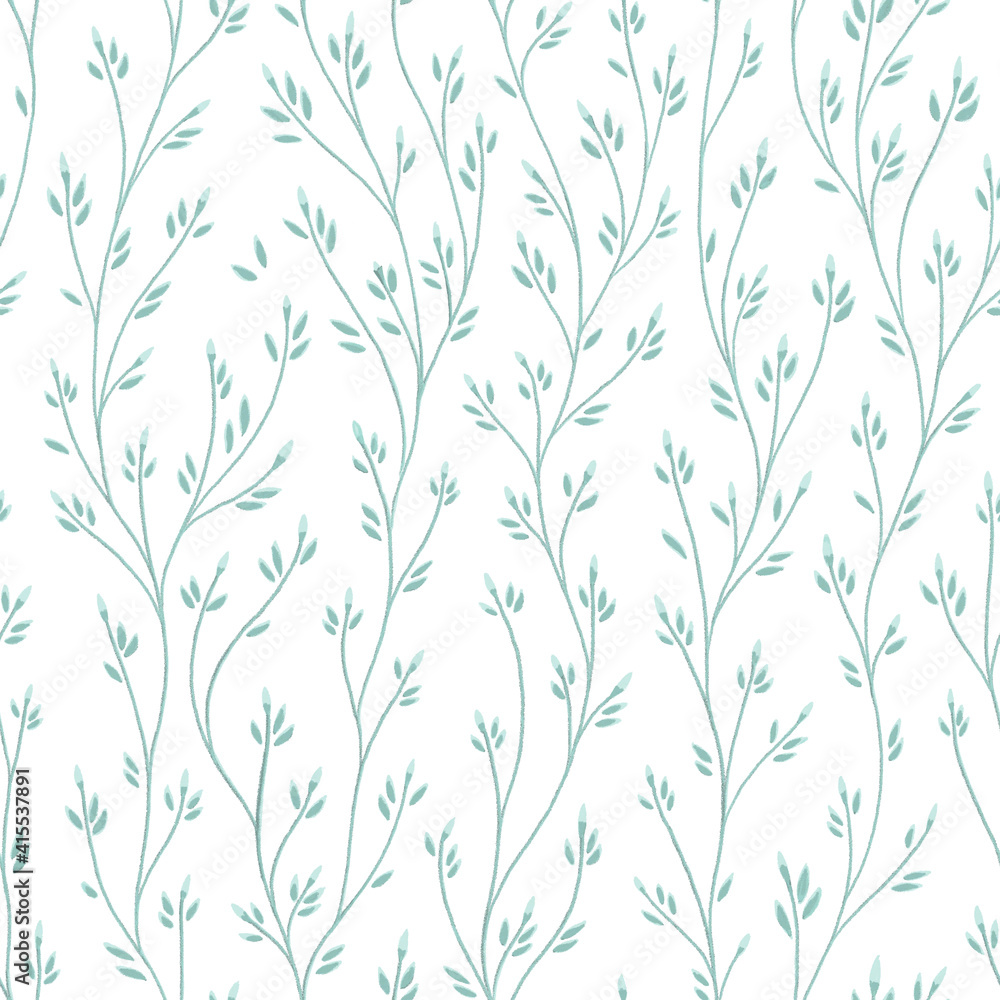 Abstract nature seamless pattern with blue contours of twigs with leaves on white background. Softness spring template for design, textile, wallpaper, web background. Abstract nature seamless pattern with blue contours of twigs with leaves on white background. Softness spring template for design, textile, wallpaper, web background.