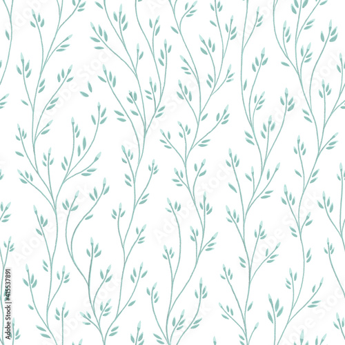 Abstract nature seamless pattern with  blue contours of twigs with leaves on white background. Softness spring template for design  textile  wallpaper  web background.