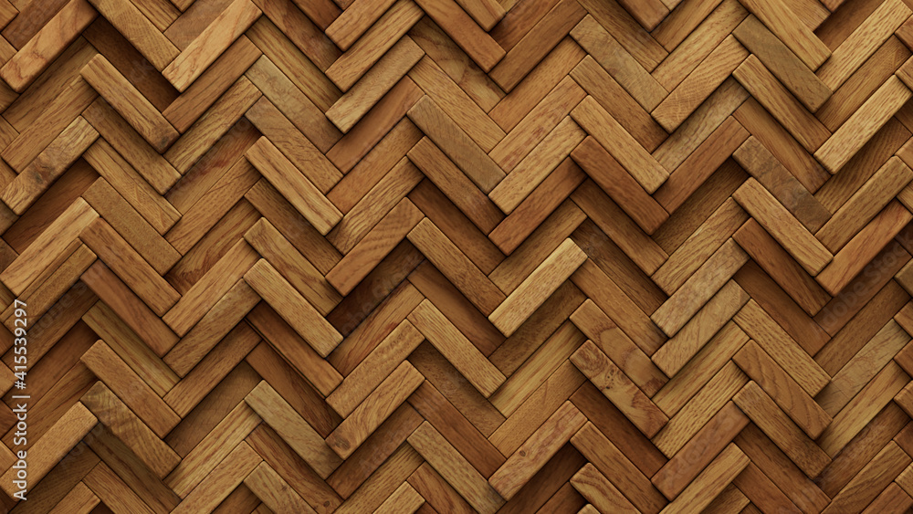 Wood Block Wall background. Mosaic Wallpaper with Light and Dark Timber Herringbone tile pattern. 3D Render Wood Block Wall background. Mosaic Wallpaper with Light and Dark Timber Herringbone tile pattern. 3D Render