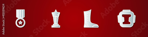 Set Medal, Award cup, Sport boxing shoes and Boxing helmet icon. Vector.