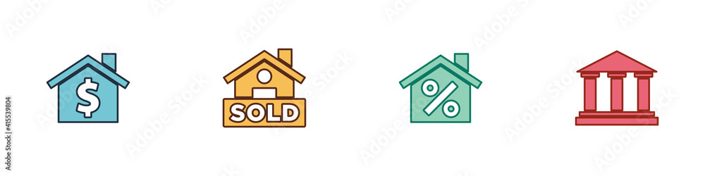 Set House with dollar symbol, Hanging sign text Sold, percant discount and Museum building icon. Vector. Set House with dollar symbol, Hanging sign text Sold, percant discount and Museum building icon. Vector.