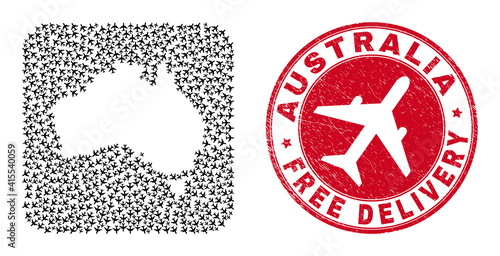Vector collage Australia map of airliner elements and grunge Free Delivery stamp. Collage geographic Australia map created as subtraction from rounded square shape using coming out airplanes.