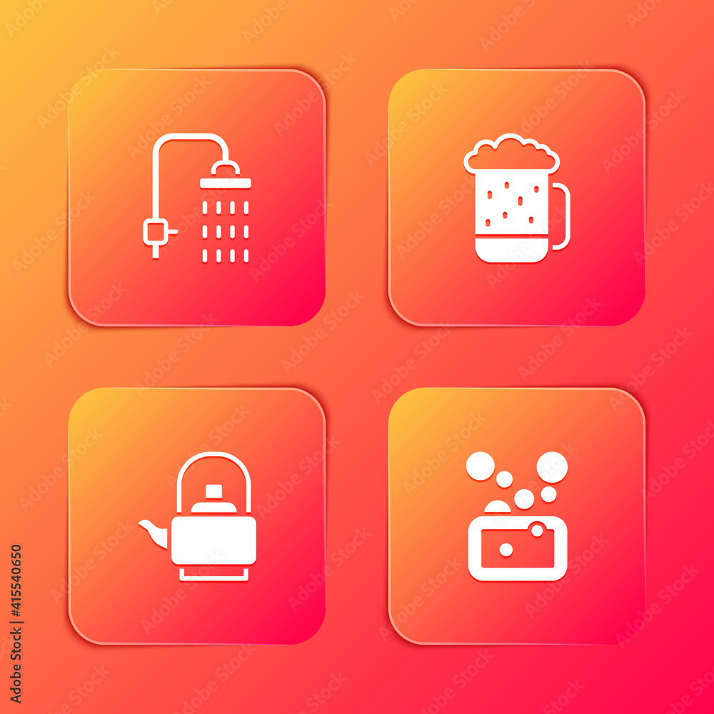 Set Shower, Wooden beer mug, Kettle with handle and Bar of soap icon. Vector. Set Shower, Wooden beer mug, Kettle with handle and Bar of soap icon. Vector.
