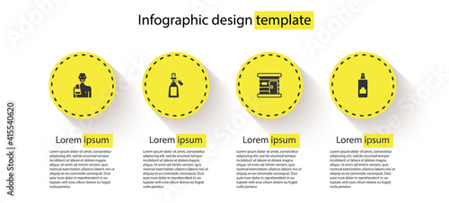 Set Man in the sauna, Essential oil bottle, Sauna wooden bathhouse and Spray can for hairspray. Business infographic template. Vector.