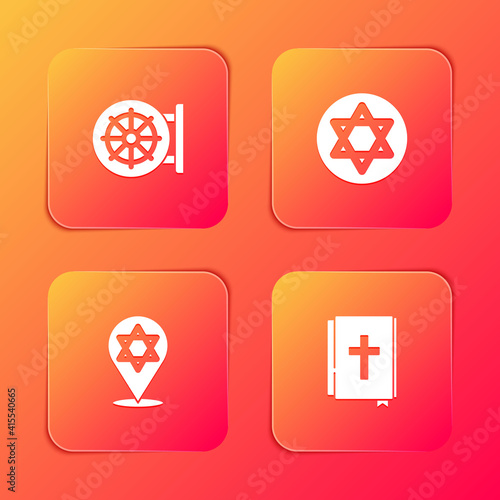 Set Dharma wheel, Star of David, and Holy bible book icon. Vector.